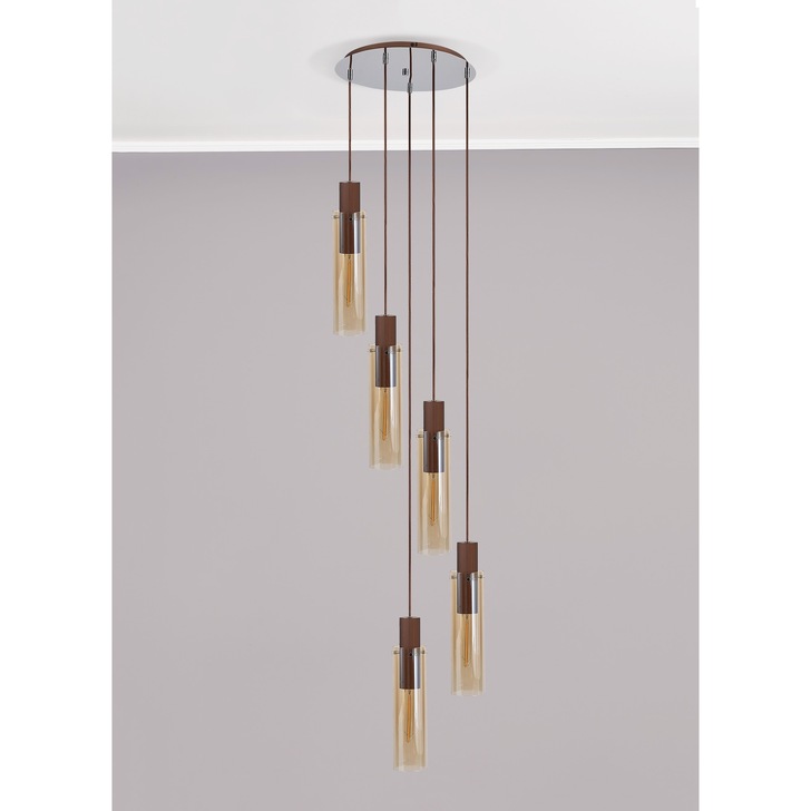 Idolite Snowdon Slim Mocha 5 Light Cluster Pendant Complete With Amber Glass Shades