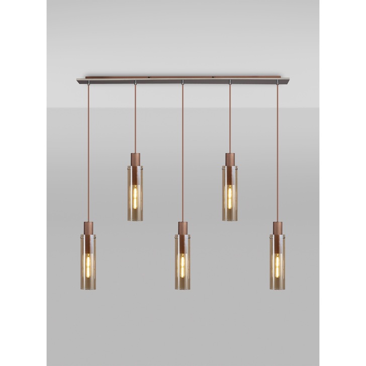 Idolite Snowdon Slim Mocha 5 Light Linear Bar Pendant Complete With Amber Glass Shades