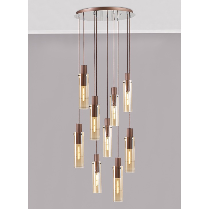 Idolite Snowdon Slim Mocha 9 Light Cluster Pendant Complete With Amber Glass Shades