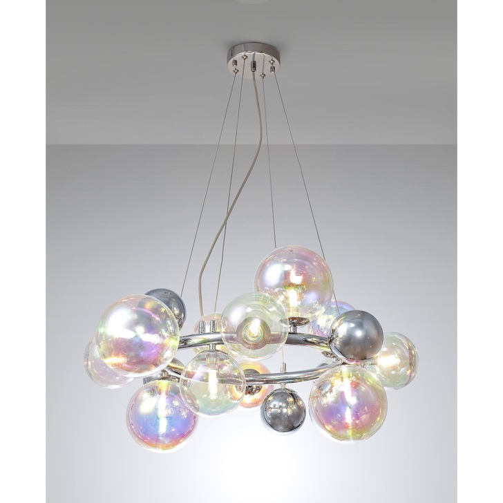 Idolite Stockwell Polished Chrome 12 Light Round Pendant Light C/W Iridescent Glass Globes