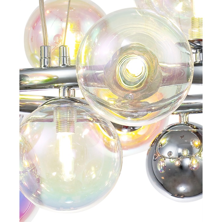 Idolite Stockwell Polished Chrome 12 Light Round Pendant Light C/W Iridescent Glass Globes