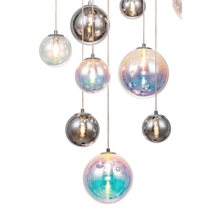 Idolite Stockwell Polished Chrome 16 Light Pendant Light C/W Iridescent Glass Globes