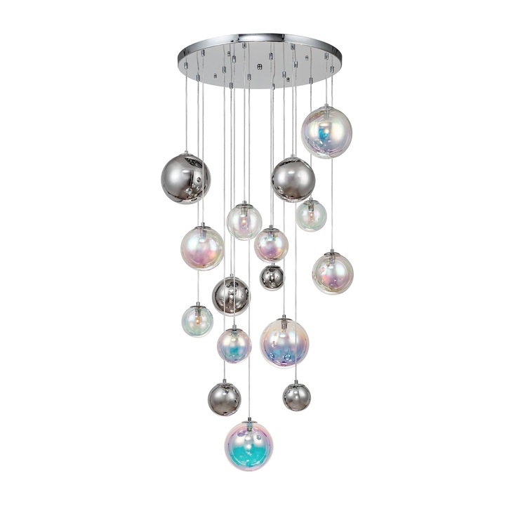 Idolite Stockwell Polished Chrome 16 Light Pendant Light C/W Iridescent Glass Globes