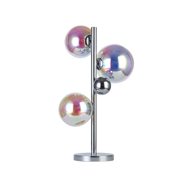 Idolite Stockwell Polished Chrome 3 Light Table Lamp C/W Iridescent Glass Globes