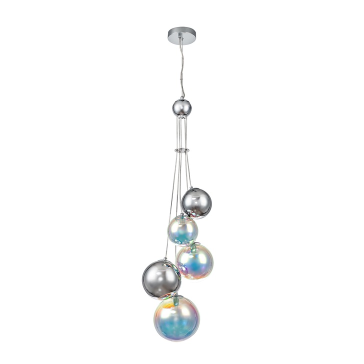 Idolite Stockwell Polished Chrome 5 Light Pendant Light C/W Iridescent Glass Globes