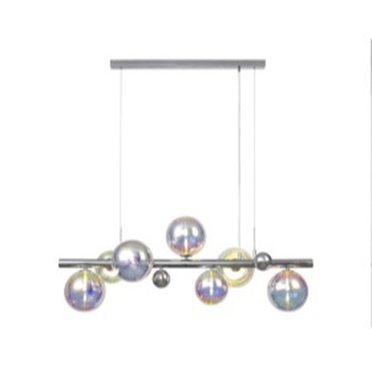 Idolite Stockwell Polished Chrome 7 Light Linear Bar Pendant C/W Iridescent Glass Globes