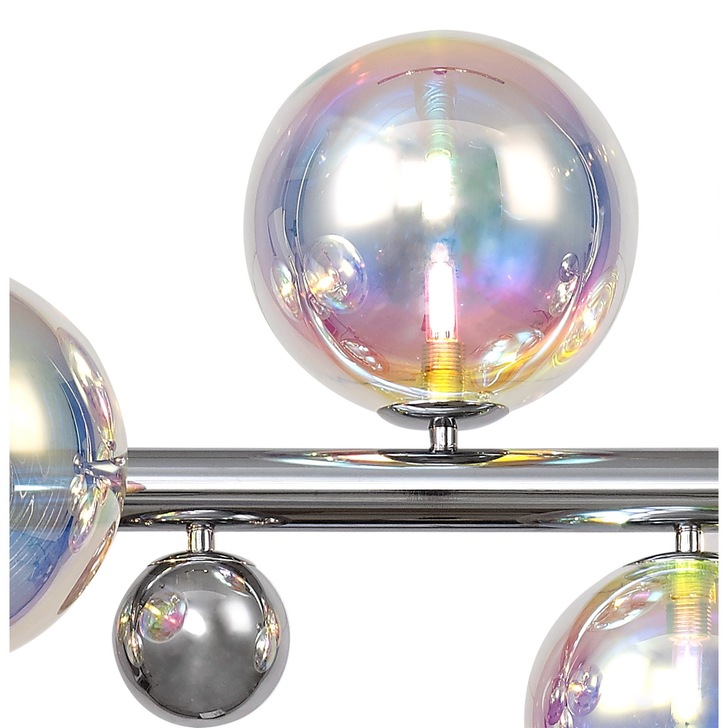 Idolite Stockwell Polished Chrome 7 Light Linear Bar Pendant C/W Iridescent Glass Globes