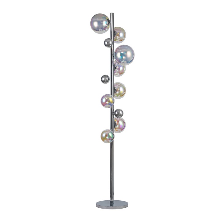 Idolite Stockwell Polished Chrome 8 Light Floor Lamp C/W Iridescent Glass Globes