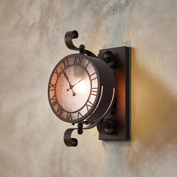 Idolite Stone Oil Rubbed Brass Finish Outdoor Clock Wall Light Complete With Textured Glass - IP54