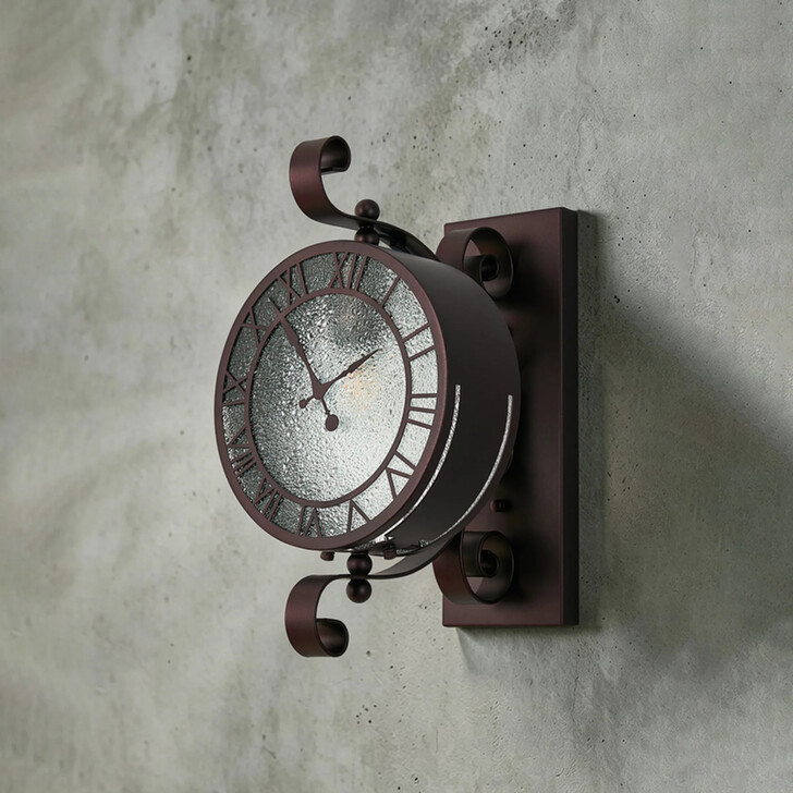 Idolite Stone Oil Rubbed Brass Finish Outdoor Clock Wall Light Complete With Textured Glass - IP54