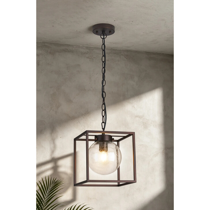 Idolite Telford Oil Rubbed Brass Finish Large Square Frame Outdoor Pendant Light Complete With Clear Seeded Glass - IP54