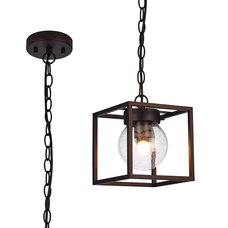 Idolite Telford Oil Rubbed Brass Finish Small Square Frame Outdoor Pendant Light Complete With Clear Seeded Glass - IP54