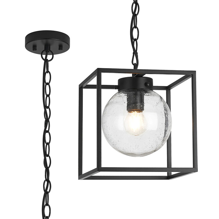 Idolite Telford Satin Black Large Square Frame Outdoor Pendant Light Complete With Clear Seeded Glass - IP54