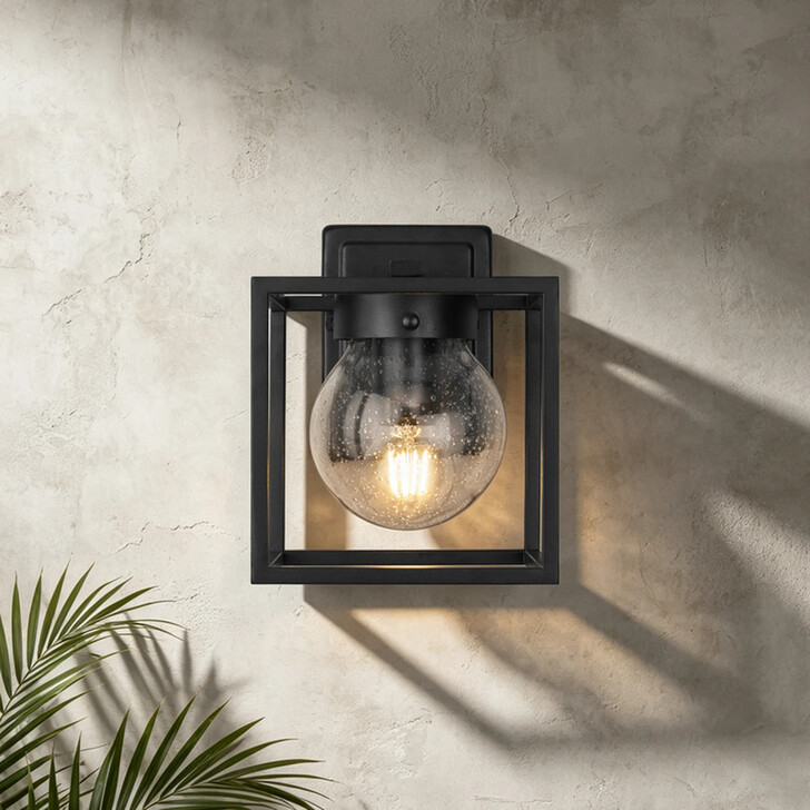Idolite Telford Satin Black Small Square Frame Outdoor Wall Light Complete With Clear Seeded Glass - IP54