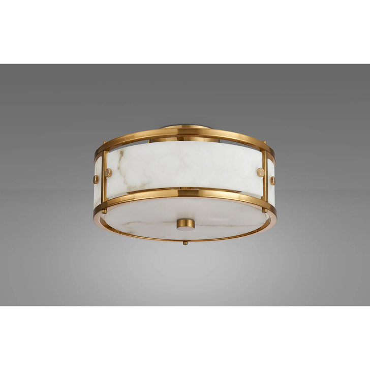 Idolite Vault 25cm 2 Light Round Flush Bathroom Ceiling Light Brass/Grey Faux Alabaster (B) Glass - IP44