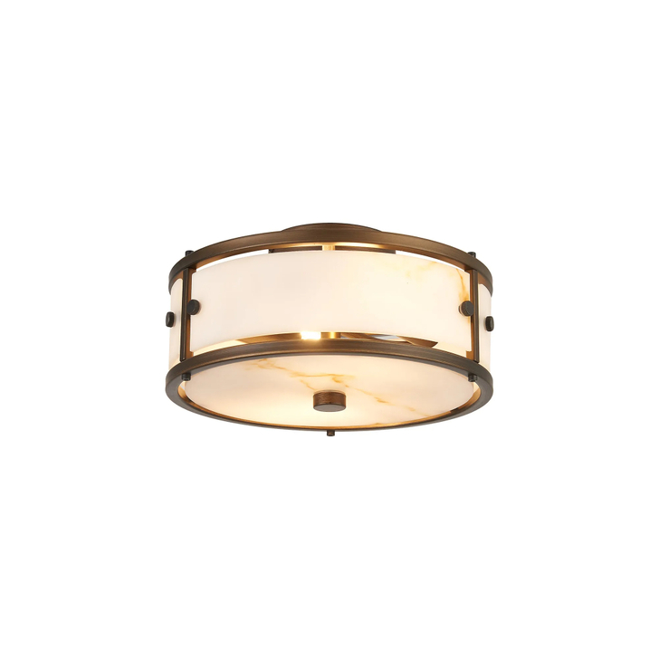Idolite Vault 25cm 2 Light Round Flush Bathroom Ceiling Light Painted Bronze/Brown Faux Alabaster (B) Glass - IP44