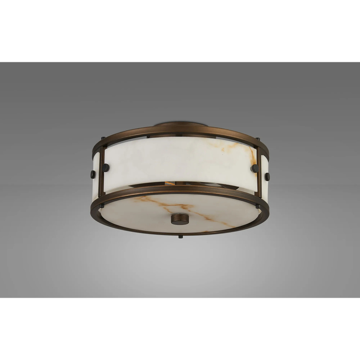 Idolite Vault 25cm 2 Light Round Flush Bathroom Ceiling Light Painted Bronze/Brown Faux Alabaster (B) Glass - IP44