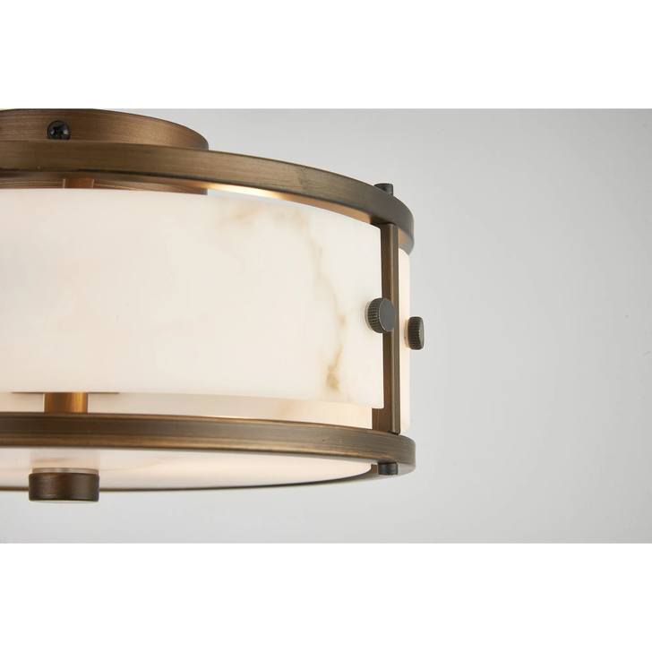 Idolite Vault 25cm 2 Light Round Flush Bathroom Ceiling Light Painted Bronze/Grey Faux Alabaster (B) Glass - IP44