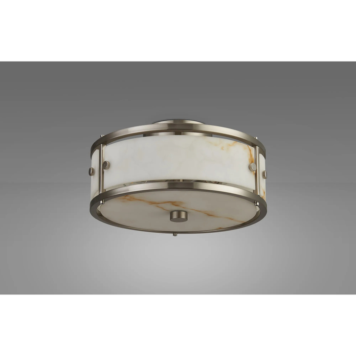 Idolite Vault 25cm 2 Light Round Flush Bathroom Ceiling Light Satin Nickel/Brown Faux Alabaster (B) Glass - IP44
