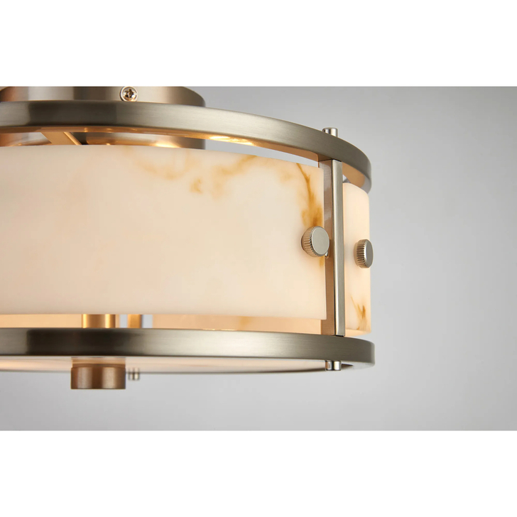 Idolite Vault 25cm 2 Light Round Flush Bathroom Ceiling Light Satin Nickel/Brown Faux Alabaster (B) Glass - IP44