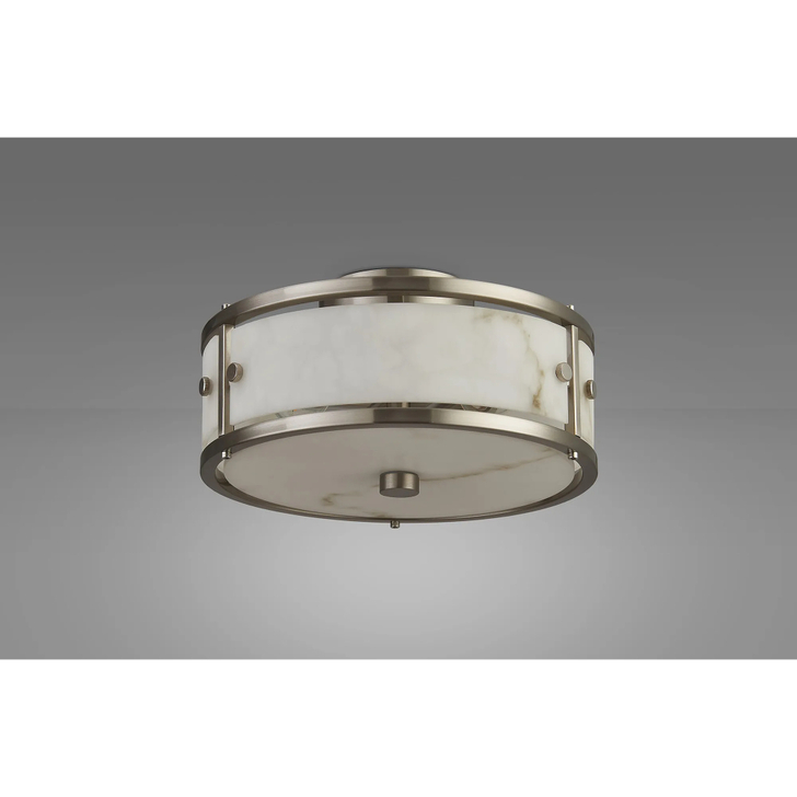 Idolite Vault 25cm 2 Light Round Flush Bathroom Ceiling Light Satin Nickel/Grey Faux Alabaster (B) Glass - IP44