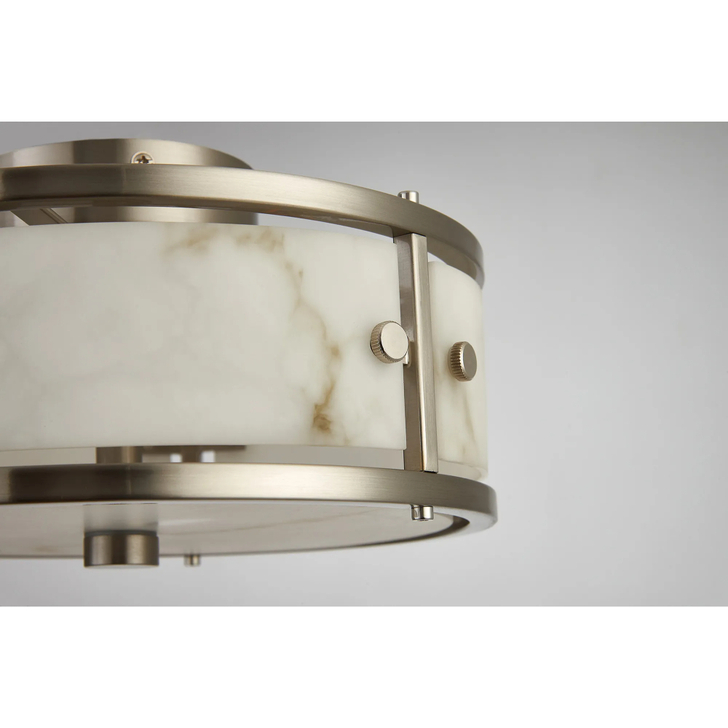 Idolite Vault 25cm 2 Light Round Flush Bathroom Ceiling Light Satin Nickel/Grey Faux Alabaster (B) Glass - IP44