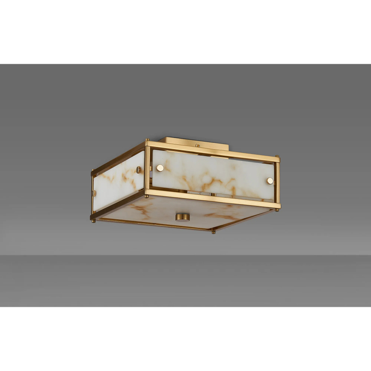 Idolite Vault 25x25cm 2 Light Square Flush Bathroom Ceiling Light Brass/Brown Faux Alabaster (B) Glass - IP44