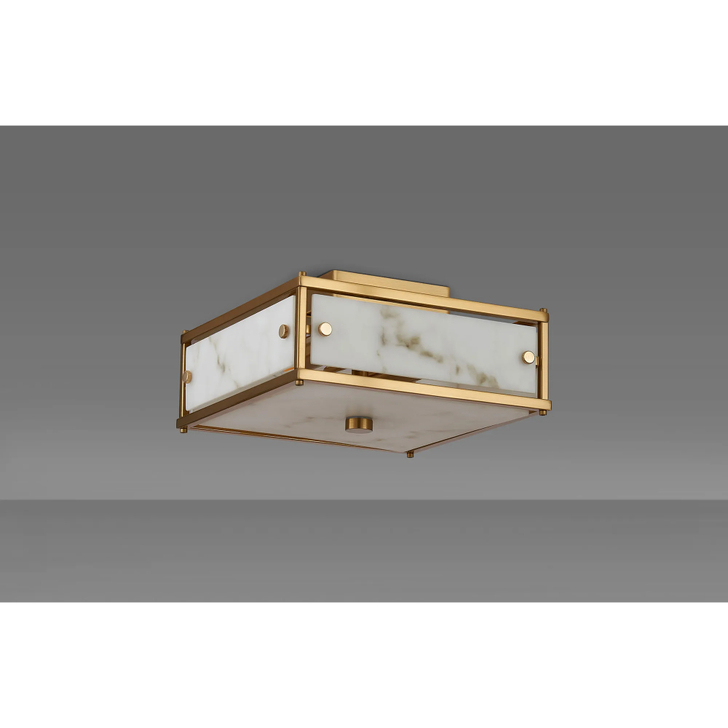 Idolite Vault 25x25cm 2 Light Square Flush Bathroom Ceiling Light Brass/Grey Faux Alabaster (B) Glass - IP44
