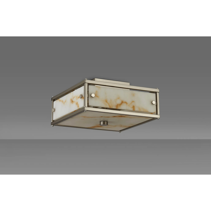 Idolite Vault 25x25cm 2 Light Square Flush Bathroom Ceiling Light Satin Nickel/Brown Faux Alabaster (B) Glass - IP44