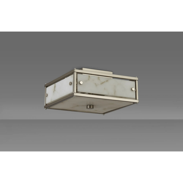 Idolite Vault 25x25cm 2 Light Square Flush Bathroom Ceiling Light Satin Nickel/Grey Faux Alabaster (B) Glass - IP44