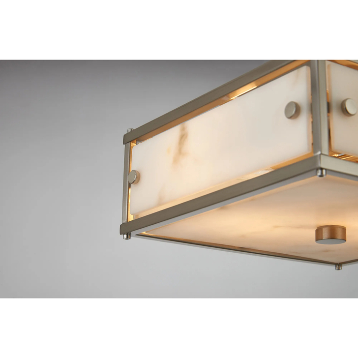 Idolite Vault 25x25cm 2 Light Square Flush Bathroom Ceiling Light Satin Nickel/Grey Faux Alabaster (B) Glass - IP44