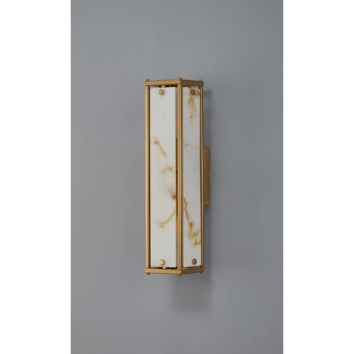 Idolite Vault 40cm 2 Light Rectangular Bathroom Wall Light Brass/Brown Faux Alabaster (B) Glass - IP44