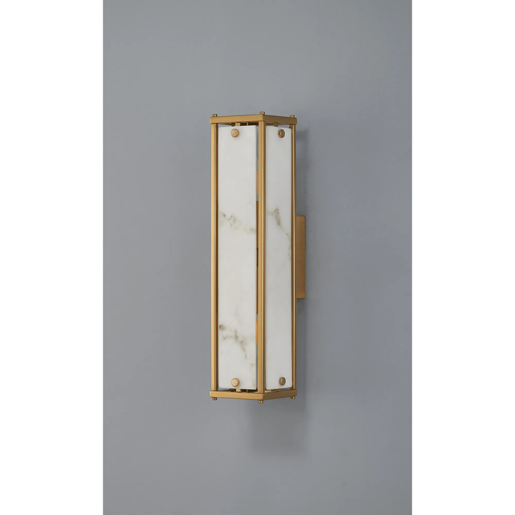 Idolite Vault 40cm 2 Light Rectangular Bathroom Wall Light Brass/Grey Faux Alabaster (B) Glass - IP44