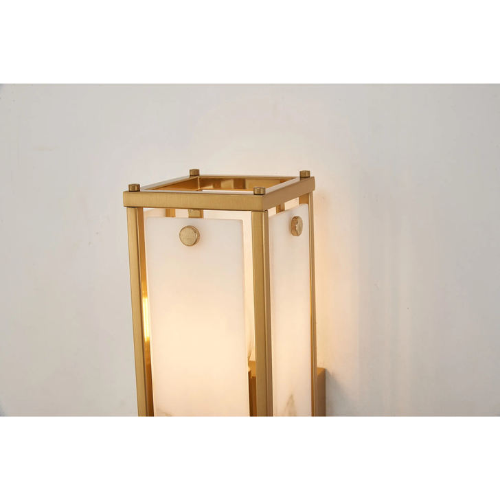 Idolite Vault 40cm 2 Light Rectangular Bathroom Wall Light Brass/Grey Faux Alabaster (B) Glass - IP44