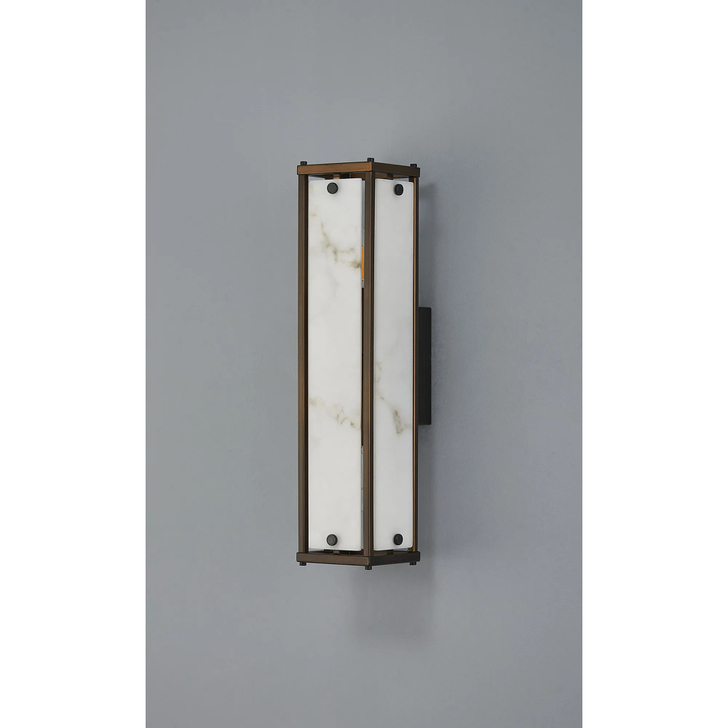 Idolite Vault 40cm 2 Light Rectangular Bathroom Wall Light Painted Bronze/Grey Faux Alabaster (B) Glass - IP44