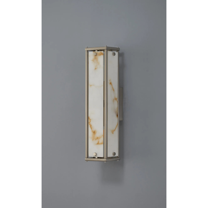Idolite Vault 40cm 2 Light Rectangular Bathroom Wall Light Satin Nickel/Brown Faux Alabaster (B) Glass - IP44