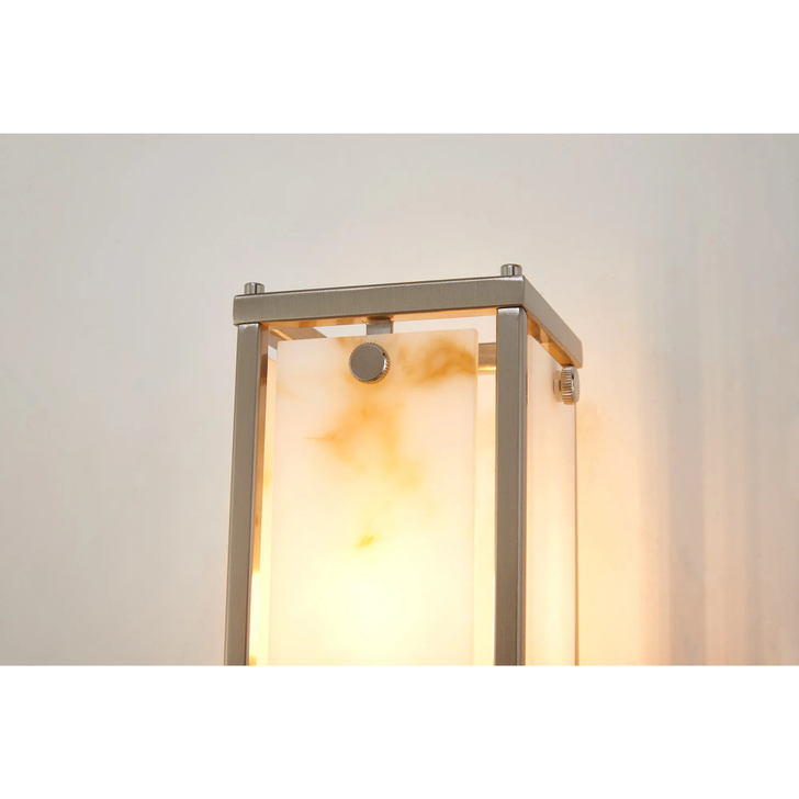 Idolite Vault 40cm 2 Light Rectangular Bathroom Wall Light Satin Nickel/Brown Faux Alabaster (B) Glass - IP44