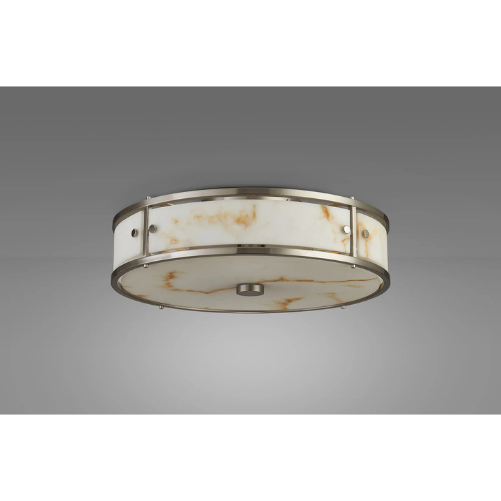 Idolite Vault 40cm 4 Light Round Flush Bathroom Ceiling Light Satin Nickel/Brown Faux Alabaster (B) Glass - IP44