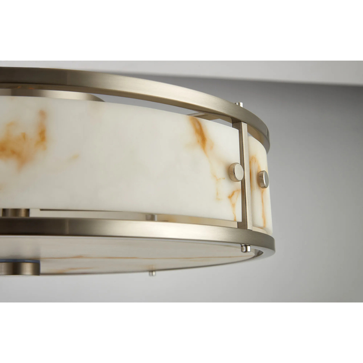 Idolite Vault 40cm 4 Light Round Flush Bathroom Ceiling Light Satin Nickel/Brown Faux Alabaster (B) Glass - IP44