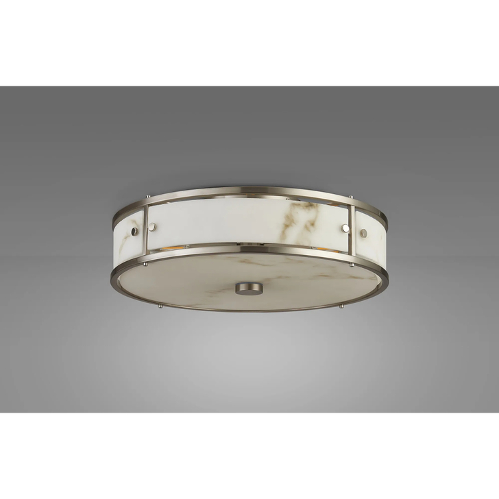 Idolite Vault 40cm 4 Light Round Flush Bathroom Ceiling Light Satin Nickel/Grey Faux Alabaster (B) Glass - IP44