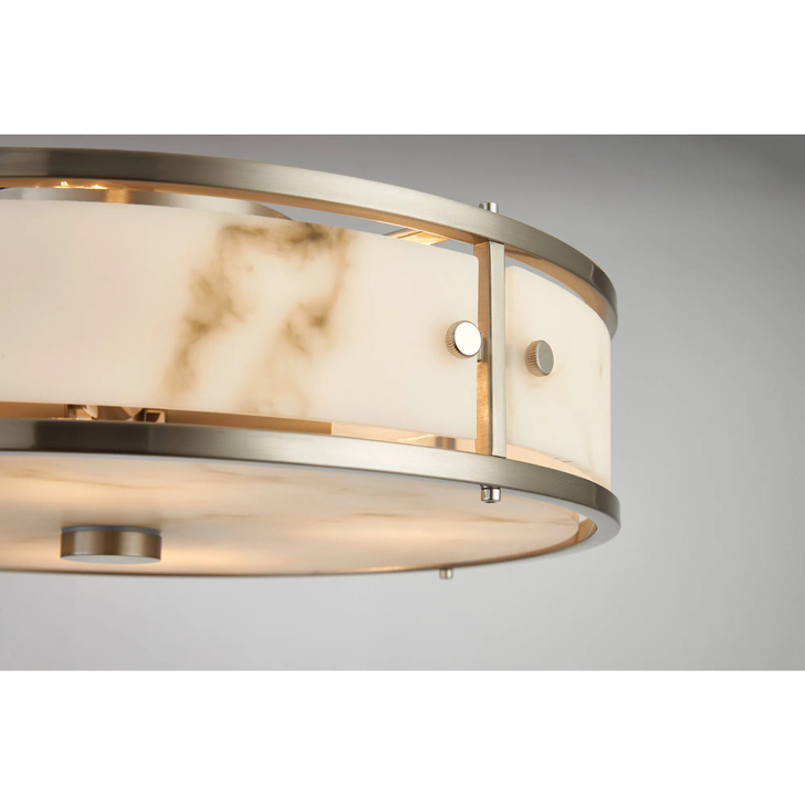 Idolite Vault 40cm 4 Light Round Flush Bathroom Ceiling Light Satin Nickel/Grey Faux Alabaster (B) Glass - IP44