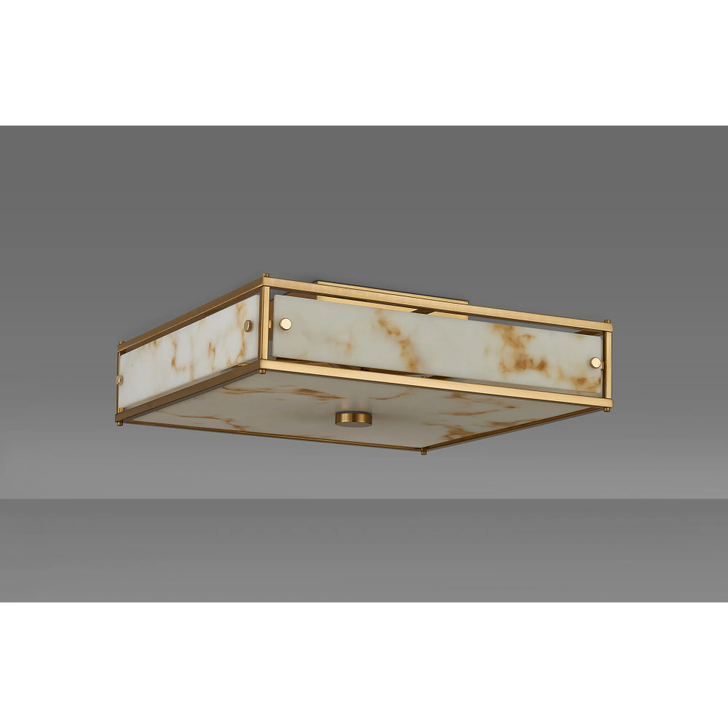 Idolite Vault 40x40cm 4 Light Square Flush Bathroom Ceiling Light Brass/Brown Faux Alabaster (B) Glass - IP44