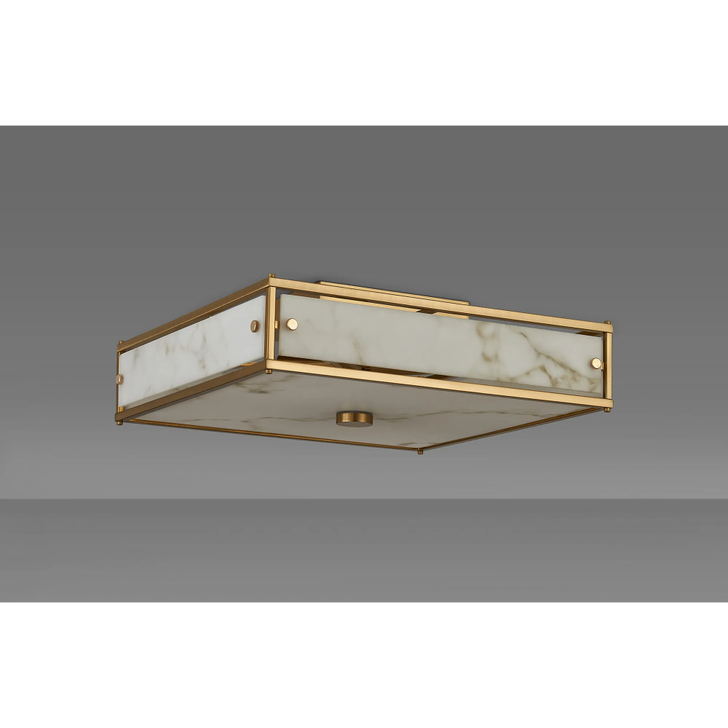 Idolite Vault 40x40cm 4 Light Square Flush Bathroom Ceiling Light Brass/Grey Faux Alabaster (B) Glass - IP44