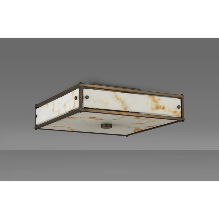 Idolite Vault 40x40cm 4 Light Square Flush Bathroom Ceiling Light Painted Bronze/Brown Faux Alabaster (B) Glass - IP44
