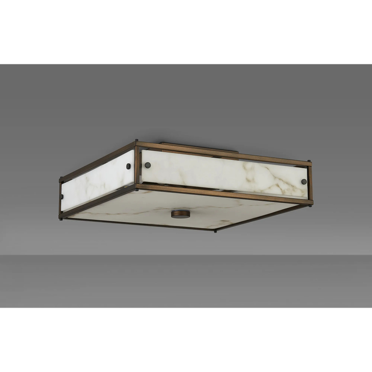 Idolite Vault 40x40cm 4 Light Square Flush Bathroom Ceiling Light Painted Bronze/Grey Faux Alabaster (B) Glass - IP44