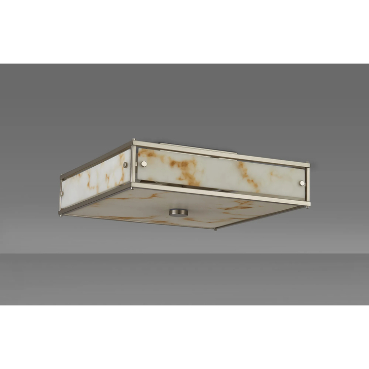 Idolite Vault 40x40cm 4 Light Square Flush Bathroom Ceiling Light Satin Nickel/Brown Faux Alabaster (B) Glass - IP44