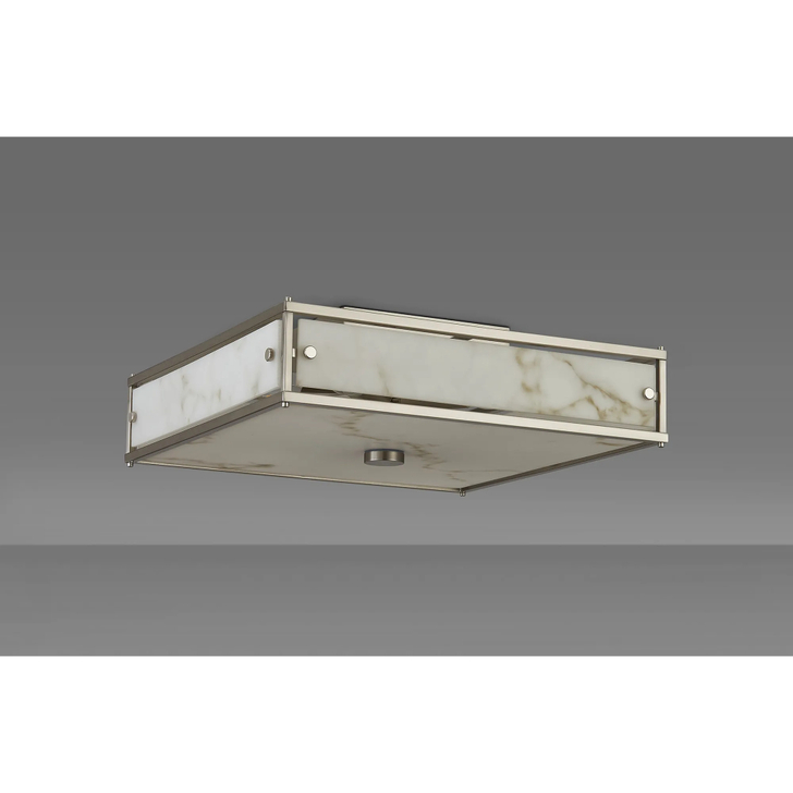 Idolite Vault 40x40cm 4 Light Square Flush Bathroom Ceiling Light Satin Nickel/Grey Faux Alabaster (B) Glass - IP44