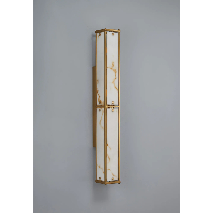 Idolite Vault 75cm 4 Light Rectangular Bathroom Wall Light Brass/Brown Faux Alabaster (B) Glass - IP44