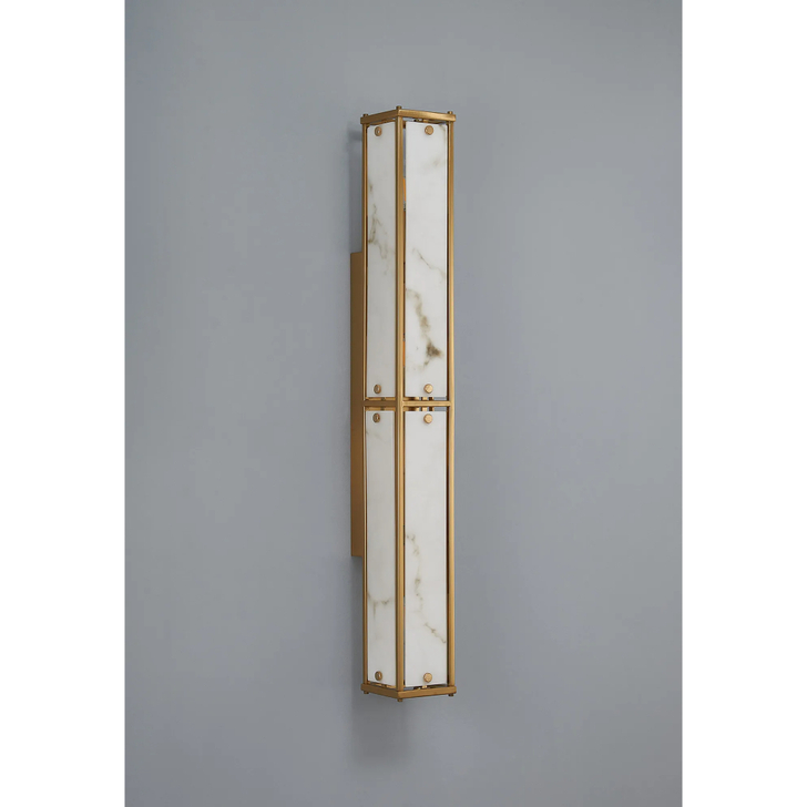 Idolite Vault 75cm 4 Light Rectangular Bathroom Wall Light Brass/Grey Faux Alabaster (B) Glass - IP44