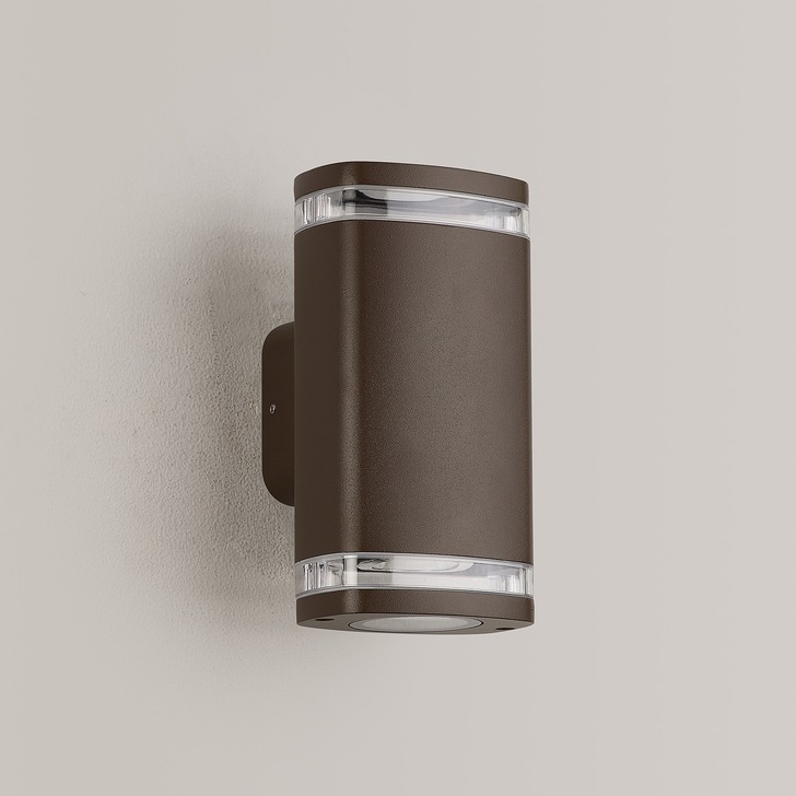 Idolite Vela 2 Light Matt Brown Exterior Up And Down Wall Light Complete With Clear Lens - IP54